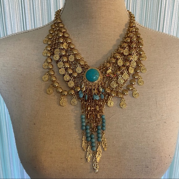 Bebe Gold and Blue Tassle Pendant Necklace NWOT - Picture 3 of 16